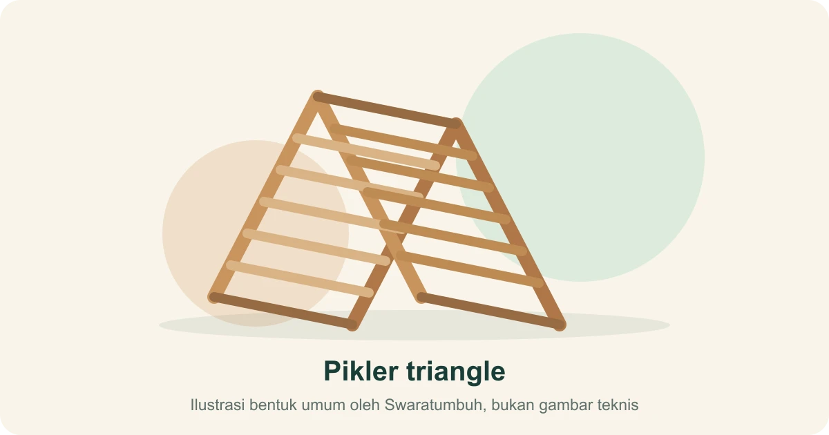 Ilustrasi bentuk rangka segitiga dengan bilah melintang pada Pikler triangle, bukan gambar teknis atau produk tertentu