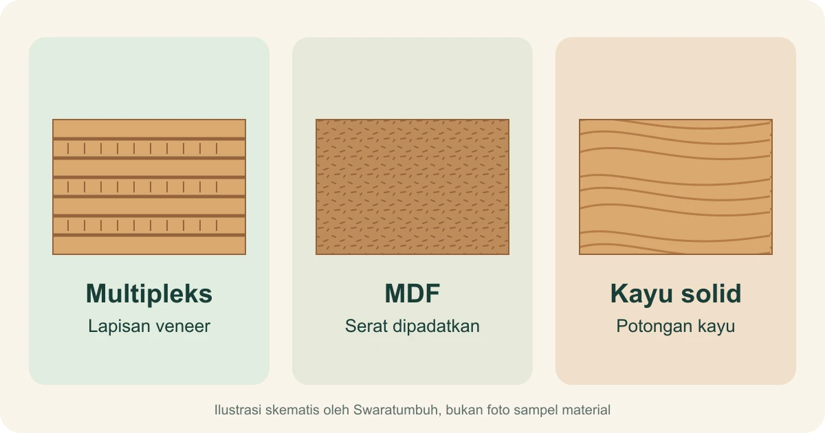 Ilustrasi skematis lapisan veneer pada multipleks, serat padat pada MDF, dan serat kayu pada kayu solid; bukan foto sampel